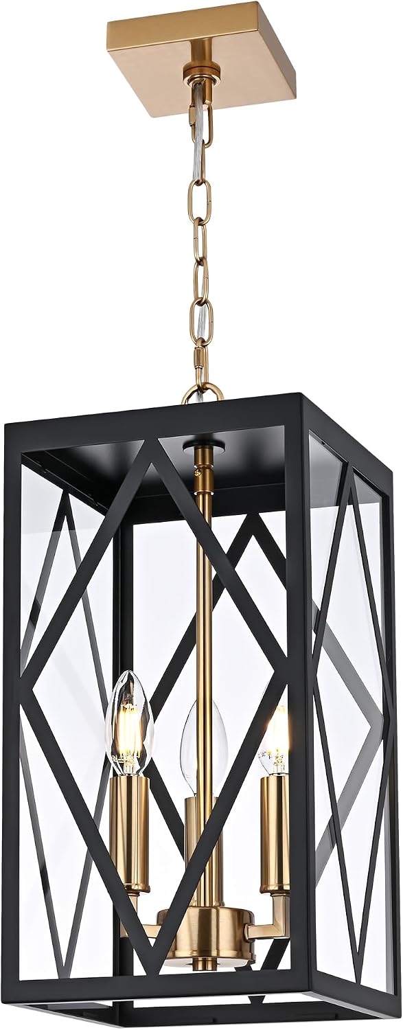 15.7'' Outdoor Pendant Light Black Brass, Exterior Ceiling Hanging Lantern Porch Light with Clear Glass, Outdoor Hanging Lantern Lighting Exterior Pendant Lighting Fixture for Porch, Gazebo