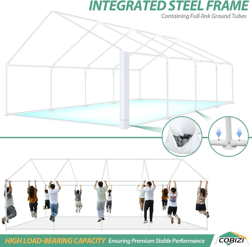 COBIZI 20x30 Heavy Duty Party Tent Outdoor Waterproof Canopy with 12 Church Windows & 8 Sidewalls, Built-in Sandbag, White Powder Coating Commercial Event Shelter Tents for Parties Wedding BBQ Patio