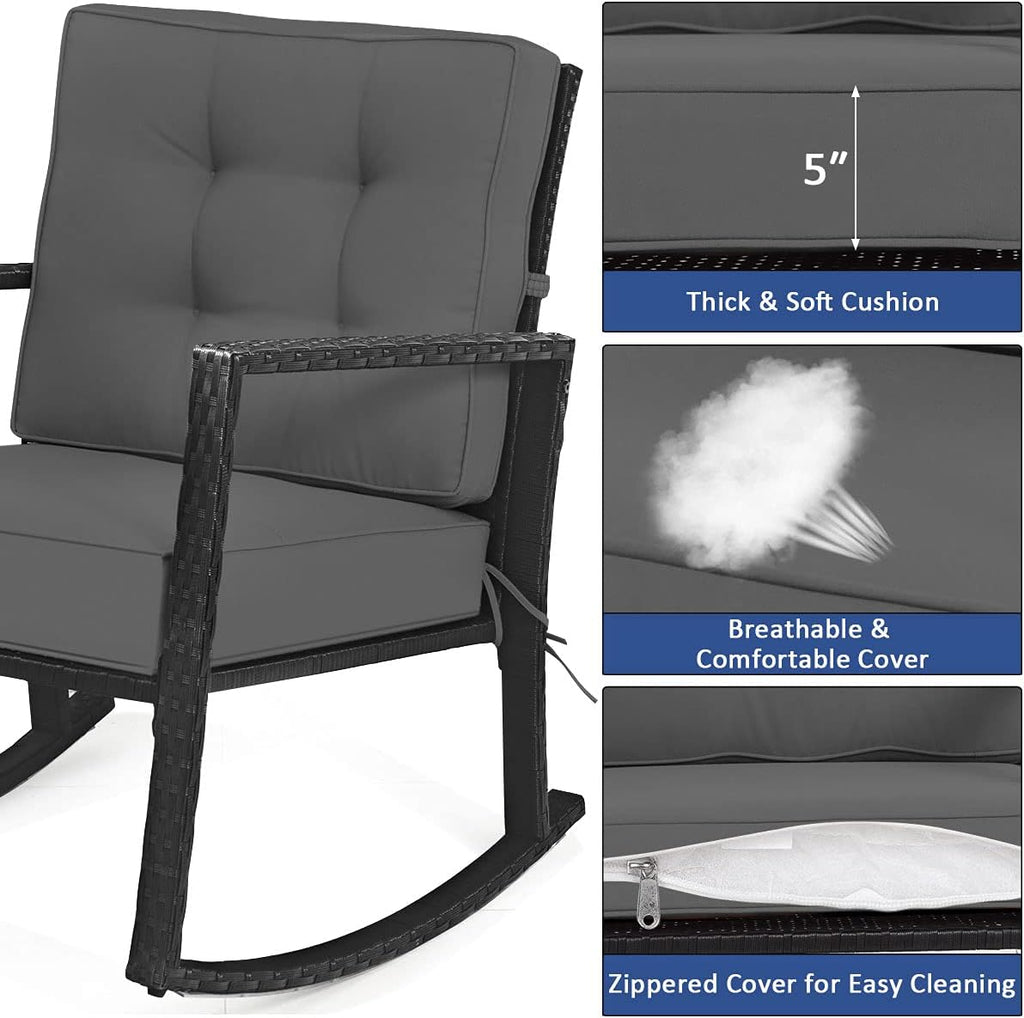 Tangkula 2 Pieces Wicker Rocking Chairs, Outdoor Glider Rattan Rocker Chair with Heavy-Duty Steel Frame, Patio Wicker Furniture Seat with 5' Thick Cushion for Garden, Porch, Backyard, Poolside