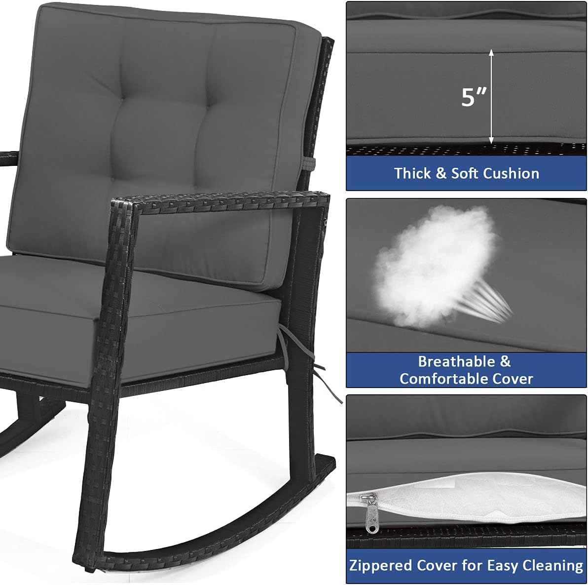 Tangkula 2 Pieces Wicker Rocking Chairs, Outdoor Glider Rattan Rocker Chair with Heavy-Duty Steel Frame, Patio Wicker Furniture Seat with 5' Thick Cushion for Garden, Porch, Backyard, Poolside