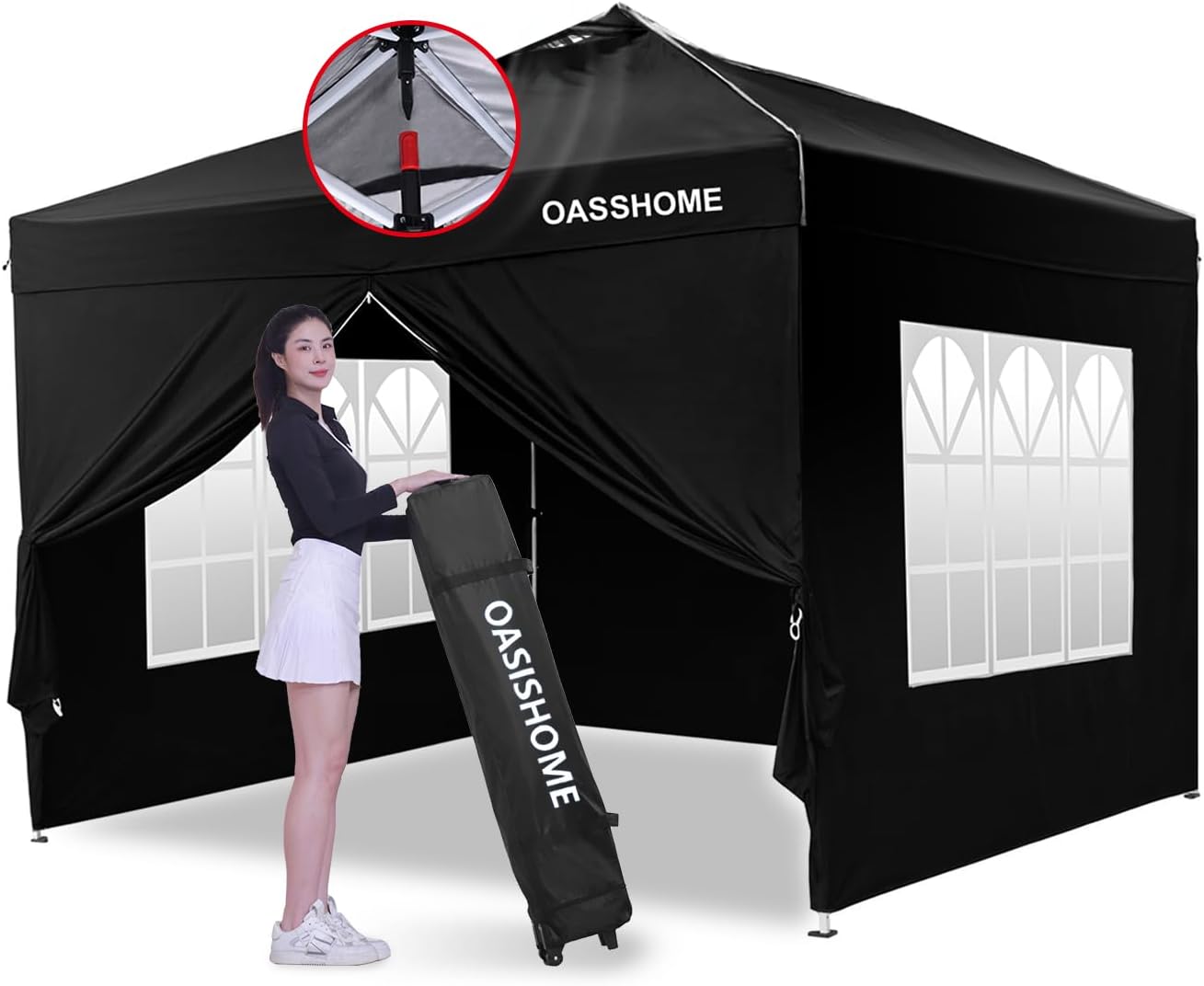 OASISHOME Canopy Tent 10'x10' Pop Up Gazebo with 1-Person Set Up, 4 Sidewalls, Wheeled Bag, Waterproof UV Protection Heavy-Duty Steel Frame Shelter for Patio Outdoor Wedding Party Event (Black,10x10)