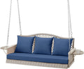 ZZW Upgraded Wicker Hanging Porch Swing Heavy Duty 900 LBS 3-Seat Outdoor Patio Swing Chair Bench for Adult w/ 8.9ft Hanging Chains Cushions and Cup Holder(Grey/Blue)