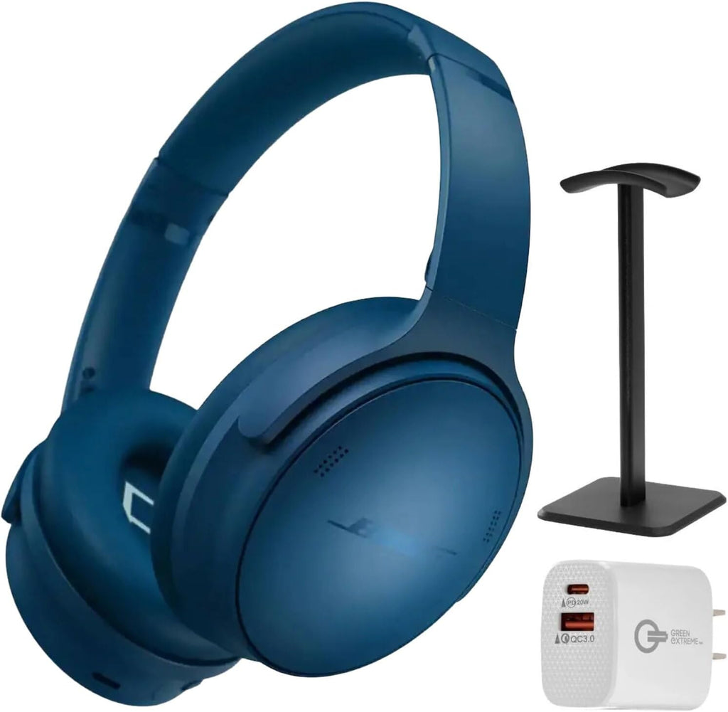 Bose QuietComfort Bluetooth Headphones, Wireless Headphones with Active Over Ear Noise Cancelling and Mic, + Green Extreme 20W 2-Port Wall Charger & Stand (Twilight Blue)