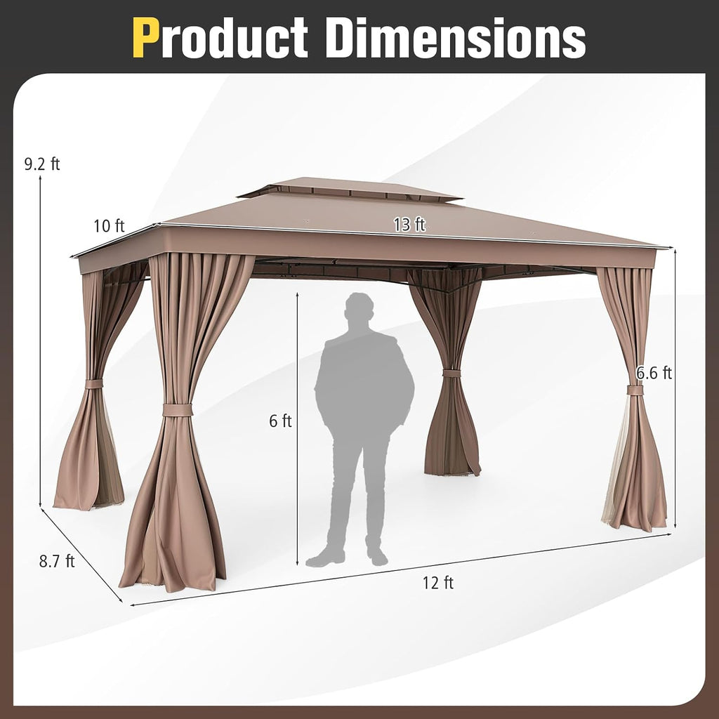 Tangkula 10x13 FT Outoor Gazebo, Metal Patio Gazebo with Mesh Netting & Privacy Curtains, Heavy-Duty Metal Frame, 2-Tier Vent for Yard Deck Poolside