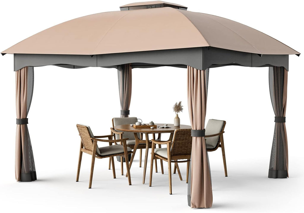 Tangkula 10x12 Ft Patio Gazebo, Double Vented Gazebo with Zippered Privacy Curtains, Mesh Screen Netting, Outdoor Steel Gazebo for Deck, Garden, Yard, Poolside (Brown)
