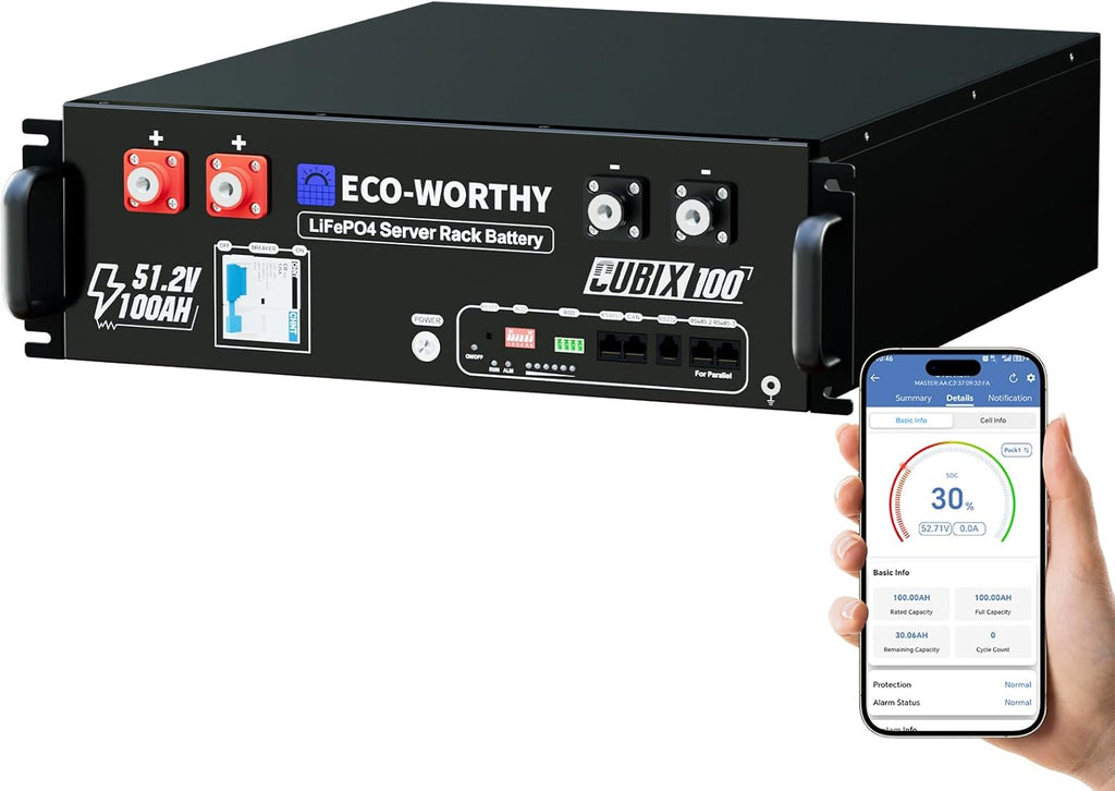 ECO-WORTHY 48V 100Ah LiFePO4 Lithium Battery w/Bluetooth | UL1973 & UL9540A & CEC Listed | 5120Wh Server Rack Battery for Solar Energy Storage, Home Backup Power