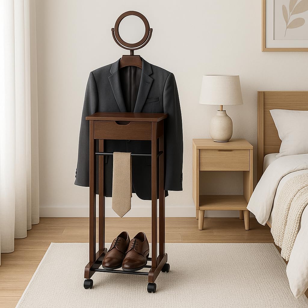 Ergode Mens Valet Stand – Clothes Valet, Suit Rack, Cloth Stand, Valet Chair & Jacket Display Organizer for Men's Clothing & Accessories (Walnut)
