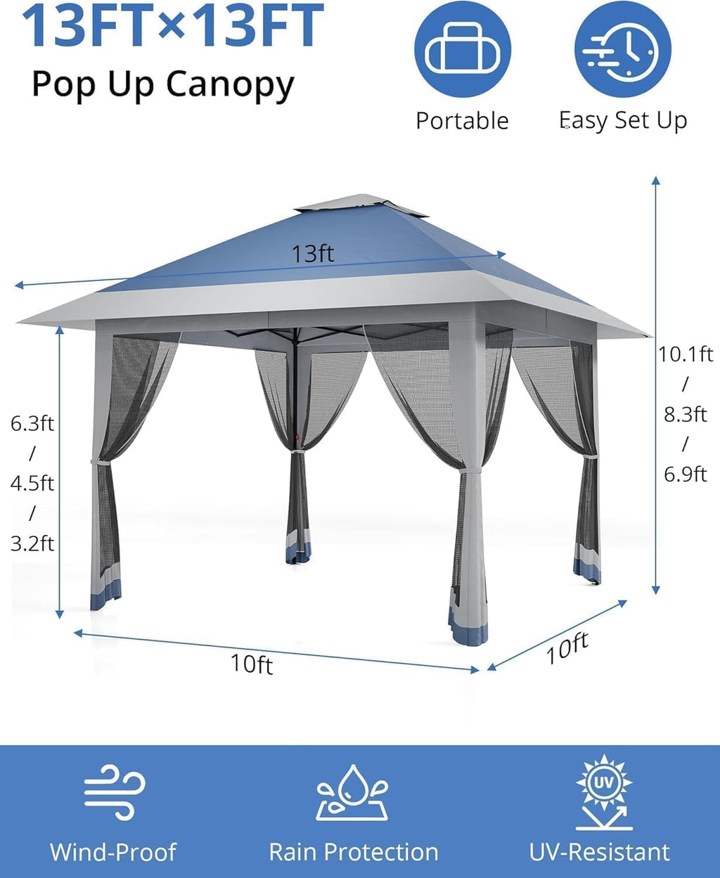 Pop Up Gazebo with Mosquito Netting - 13x13ft Canopy with Mosquito Net,Portable Instant & UV-Resistant Waterproof Gazebo Canopy for Backyard, Garden, Camping (Adjustable Height)