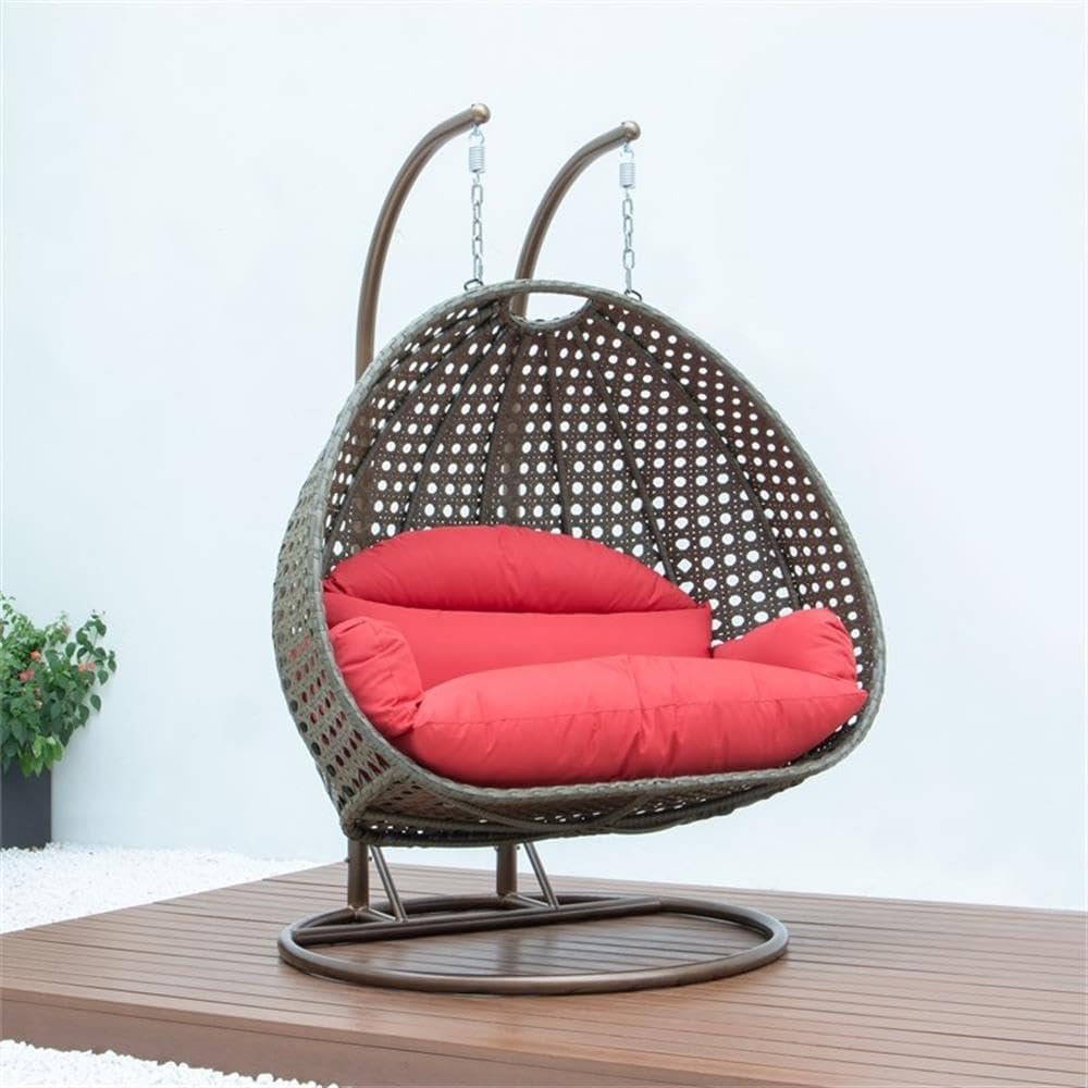 LeisureMod 2 Person Wicker Egg Chair Outdoor Indoor Bedroom Patio Hanging Lounge Swing Hammock Chairs with Beige Stand and UV Resistant Cushions (Red)