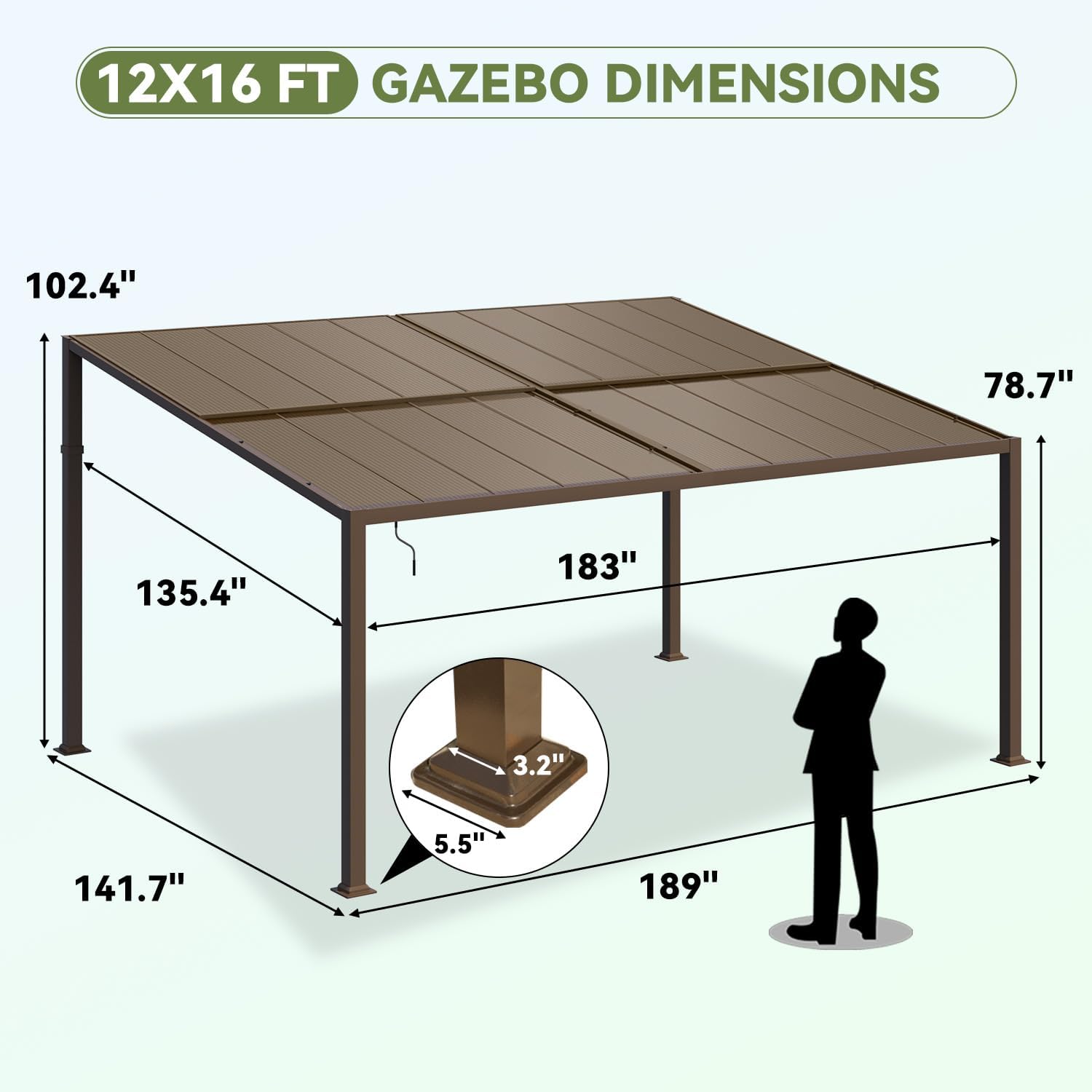 Gazebo 12x16 with Adjustable Polycarbonate Roofs, All Aluminum Frame Permanent Pergola for Patio, Outdoor Freestanding Shelter, Dark Brown