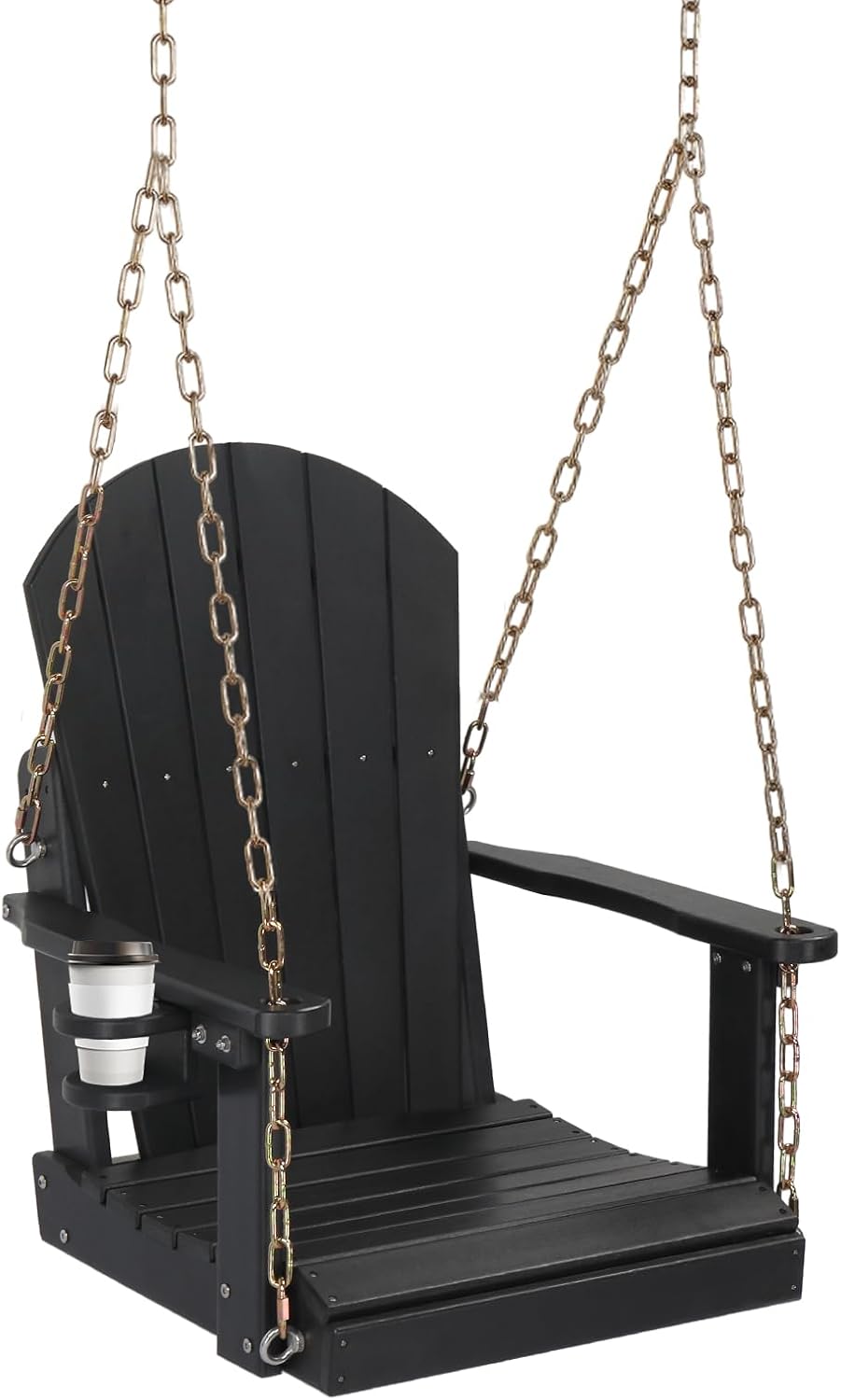 VINGLI Heavy Duty 880 LBS HDPE Porch Swing Outdoor with Rotatable Cup Holder, 1-Person Patio Hanging Swing with Adjustable Chains, Scalloped Backrest for Porch, Yard, Tree, Garden (Black)