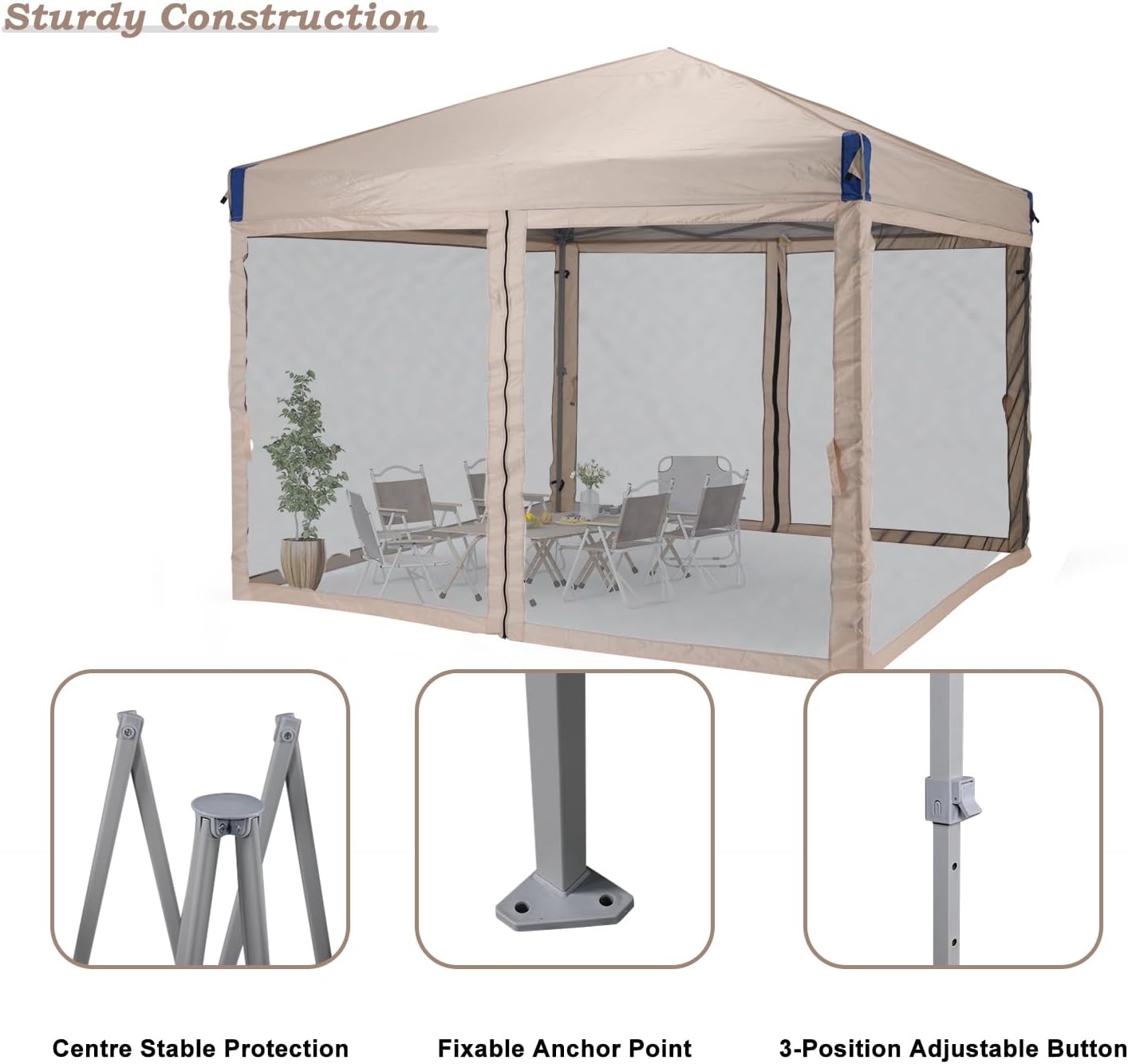 Aoodor 12x12 Ft Pop Up Canopy Tent with Netting, Water-Resistant 210D Oxford Fabric Shade, Easy Assembly Commercial Gazebo with Wheeled Carry Bag & 4 Sand Bags for Camping, Party, Khaki