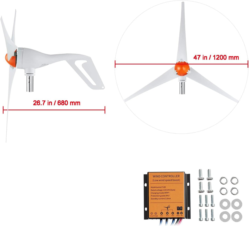 Happybuy 500W Wind Turbine Generator, 12V Wind Power Kit, 3-Blade Wind Generator with MPPT Controller, Adjustable Windward Direction, 2.5m/s Start Wind Speed, Ideal for Home, Farm, RVs, Boats