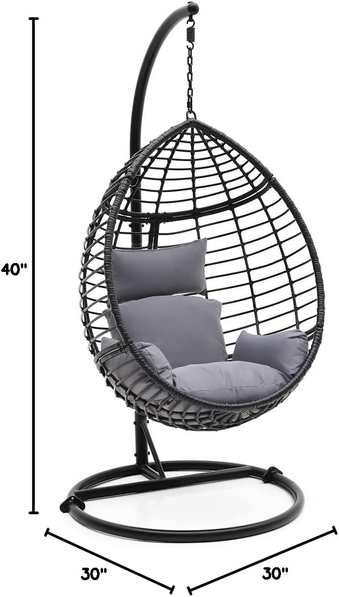 SereneLife Hanging Egg Chair for Outdoor & Indoor Use – Wicker Rattan Swing Chair with Cushions, Powder-Coated Steel Frame, Washable UV-Resistant Cover, Gray, Modern Patio Hammock Seat