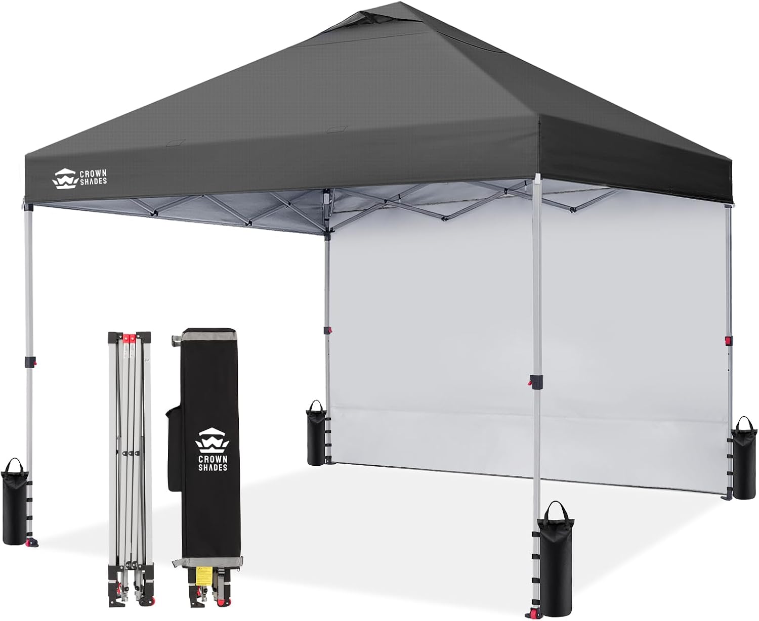 CROWN SHADES 10x10 Pop Up Canopy with 1 Side Wall - Beach Tent with One Push Setup - Outdoor Sun Shade for Events, Parties, Camping - Gazebo with STO-N-Go Cover Bag (Grid Grey)