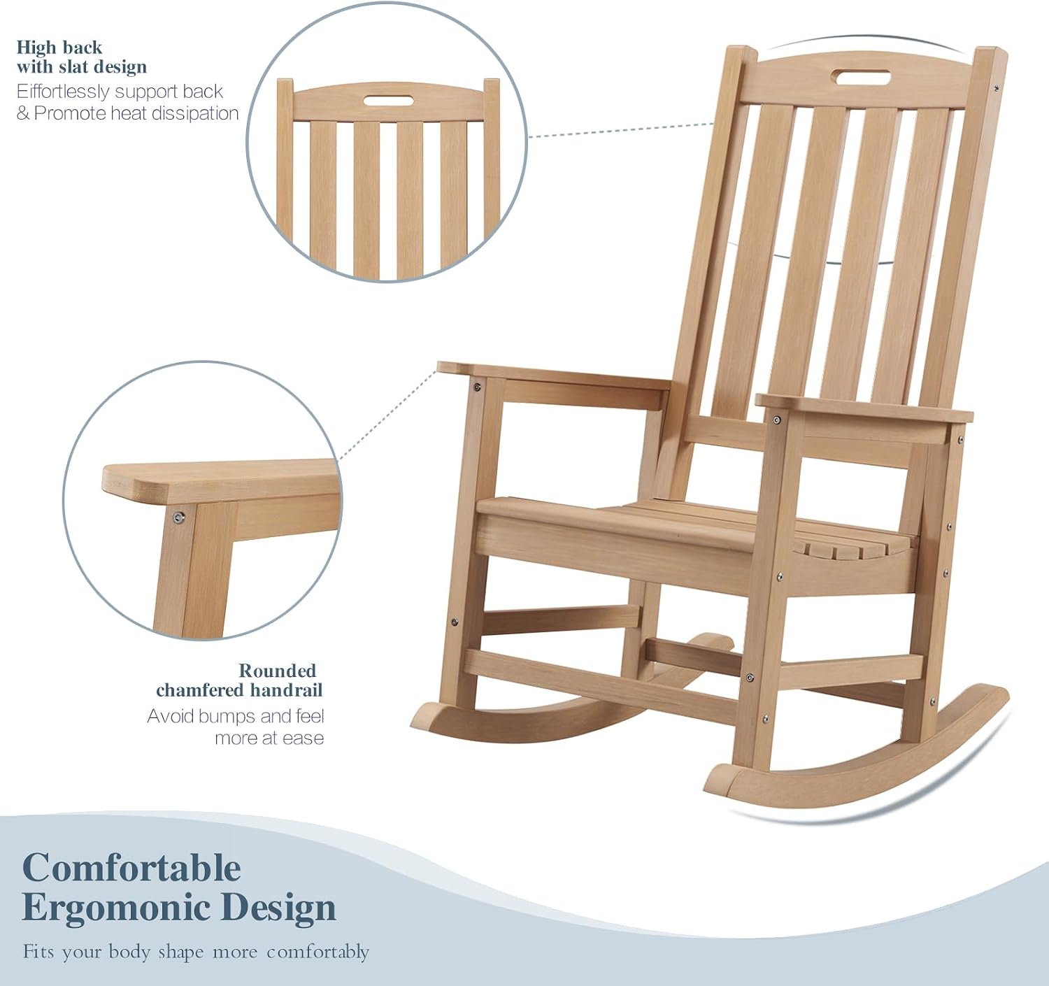 Psilvam Oversized Outdoor Rocking Chair, with 21' Wide Seat and 32' Tall Backrest, Pre-Assembled with Most Components for Effortless Installation (Teak Color)