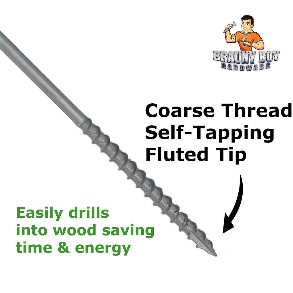 BRAUNY BOY - #12 x 10'- Extra Long Structural Lag Heavy Duty Construction Wood Screw – Galvanized Corrosion Resistant Coating Exterior Timber, Landscape - Easy Flange HEX Head Drive - Qty (250)