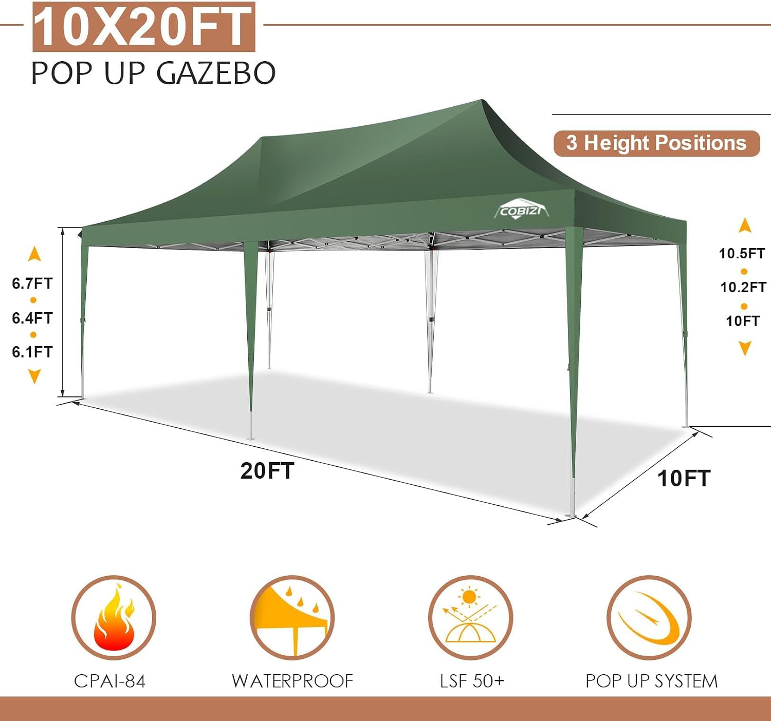 COBIZI 10x20 Pop Up Canopy with 6 Sidewalls,10x20 Canopy Tent Frame Upgraded with 3 Adjustable Heights,Waterproof UV50+ Outdoor Party Commercial Ez Up Gazebos with Carry Bag(10 x 20 ft Green)