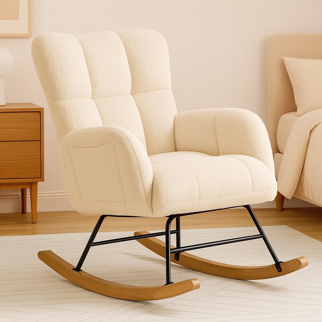 COMHOMA Nursery Rocking Chair, Teddy Upholstered Glider Rocking Chair with Side Pockets, Accent Chair with High Backrest Reading Chair for Adult, Nursery, Bedroom, Living Room,Offices(Beige)