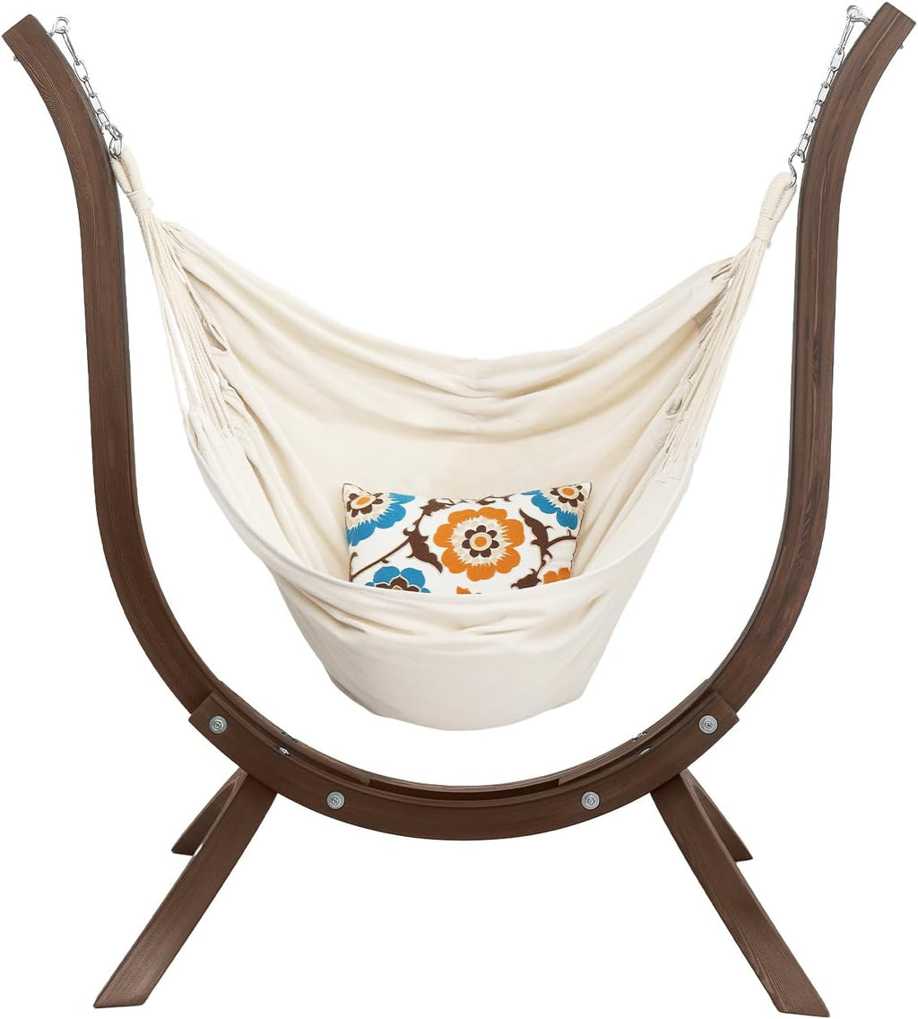 ONCLOUD 550 LBS Hand-Made Elegant Hammock Chair W/Stand, Premium Curved Wooden Hammock Stand w/Chair, One Comfy Cusion Included Hammock Set