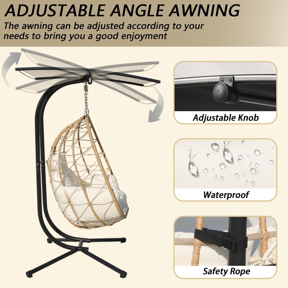 Double Egg Chair with Stand/Adjustable Canopy Patio Love Seats Hammock Chair Hanging Swing Wicker Rattan Basket for Outdoor Balcony Garden (Yellow+White)