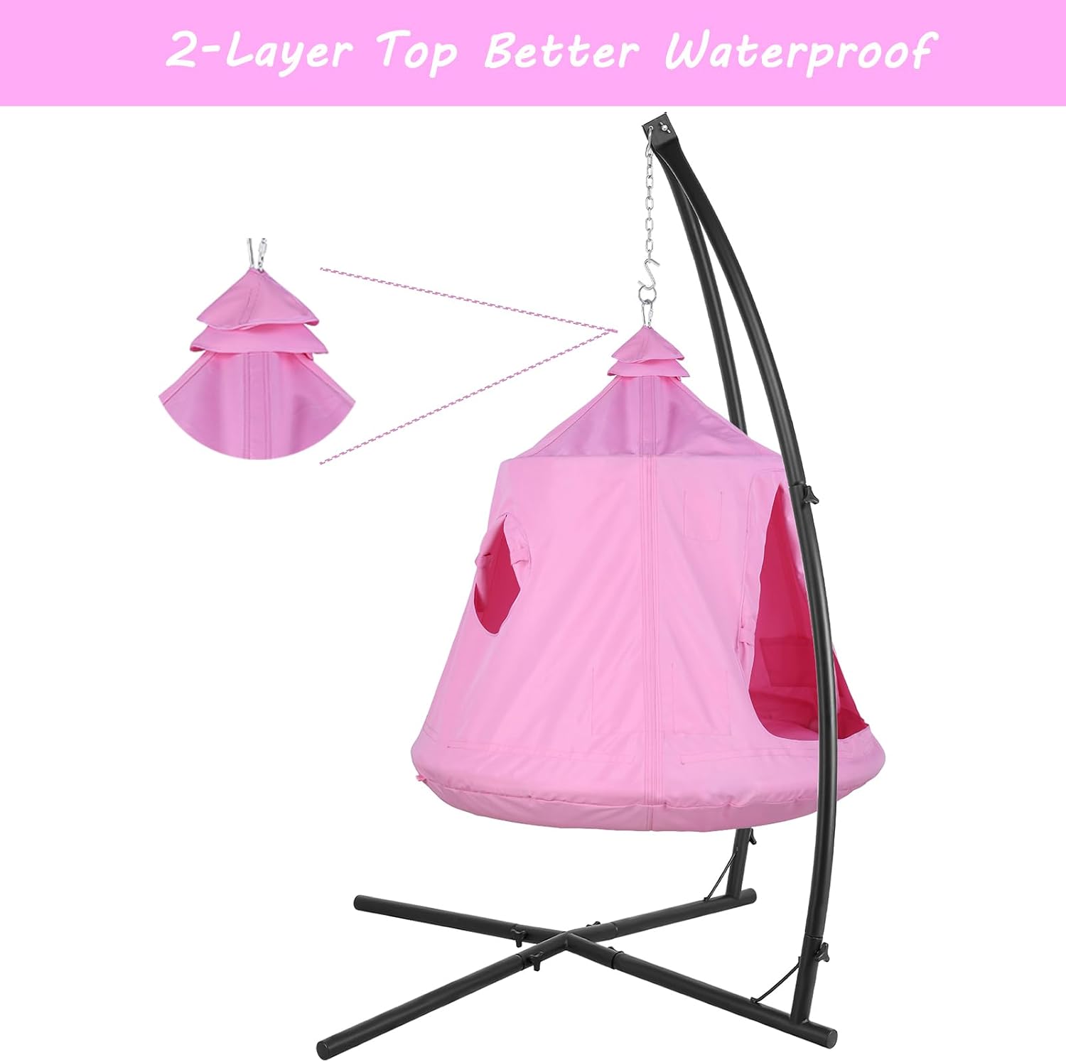 X-Shaped Hanging Tree Tent w/Swing Chair,Hammock Chair Stand Canopy w/Steel Frame,Indoor Outdoor Egg Basket Patio Seat w/Adjustable Solid Stand,Bedroom Porch Balcony Garden 330lb(Pink)