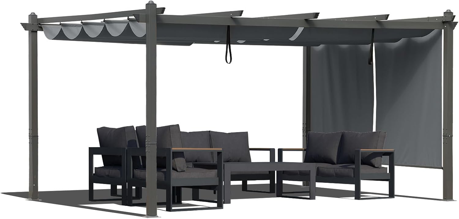 BPS 12x14 FT Outdoor Pergola - Retractable Shade Canopy with Aluminum Frame & Roller Shade Curtains for Patio, Backyard, or Deck, Gray