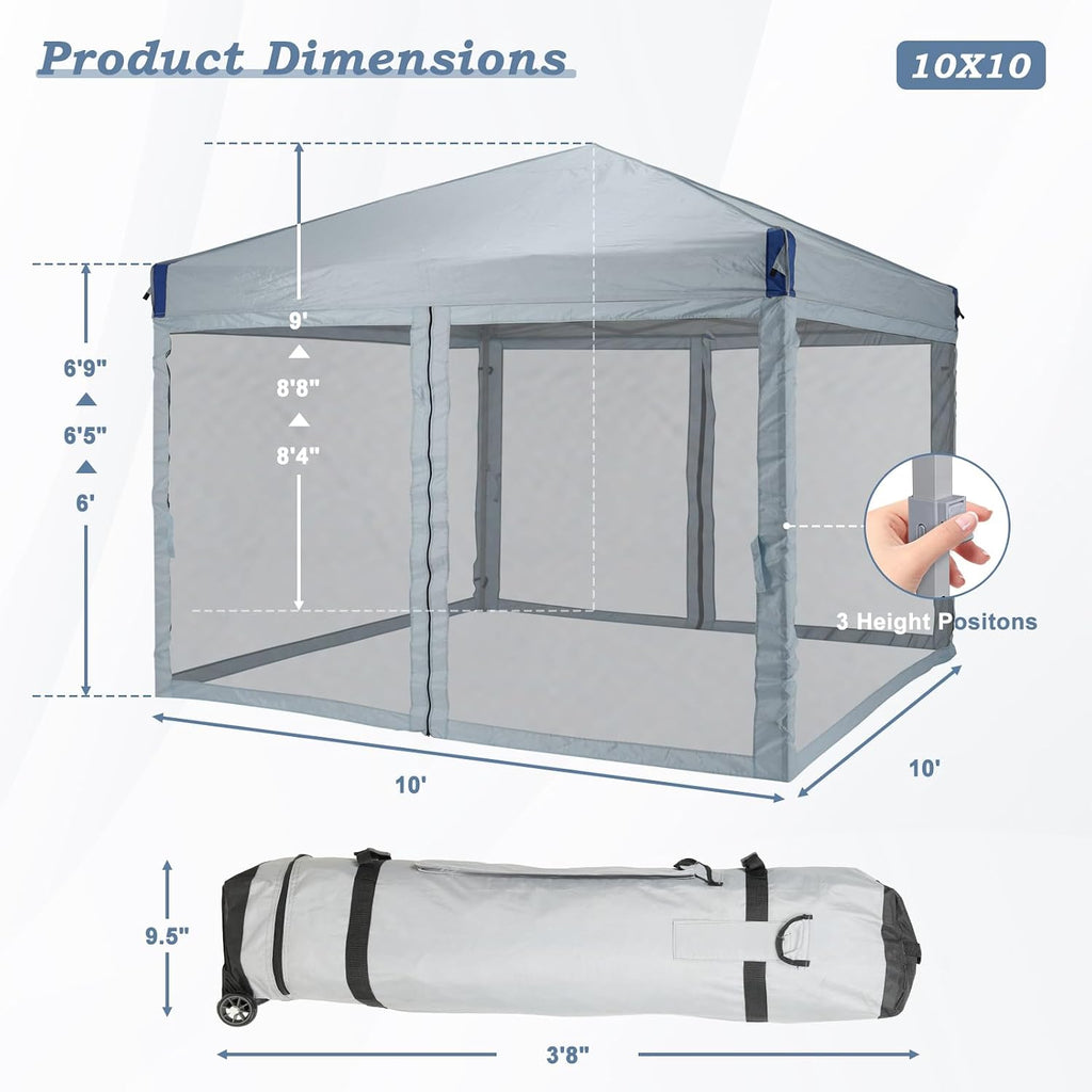 Aoodor 10x10 Ft Pop Up Canopy Tent with Netting, Water-Resistant 210D Oxford Fabric Shade, Easy Assembly Commercial Gazebo with Wheeled Carry Bag & 4 Sand Bags for Camping, Party, Gray