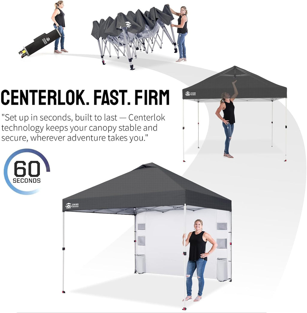 CROWN SHADES Canopy Tent 10x10 Pop Up Canopy Outdoor Shade with Pockets Sidewall, Easy Up Sun Shelter with One Person Set Up Center Lock, Portable Instant Camping Beach Canopies Tents, Grid Grey