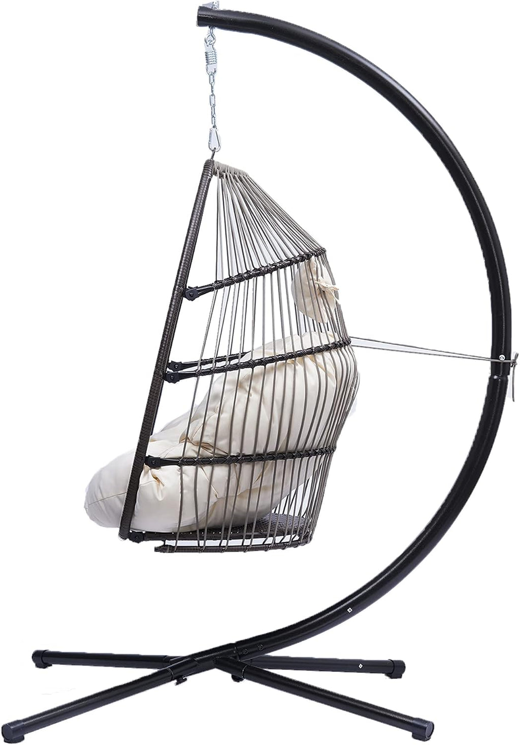 Modern Patio Wicker Folding Hanging Chair,Rattan Swing Hammock Egg Chair with C Type Bracket,with Cushion and Pillow,for Indoor,Outdoor,Beige