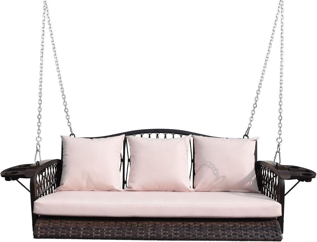 ZZW Wicker Porch Swing Heavy Duty 900 LBS 3-Seat Outdoor Patio Swing Chair with Cushions & 8.9ft Chains Outdoor Hanging Bench with Upgraded Cup Holders for Garden Deck Backyard