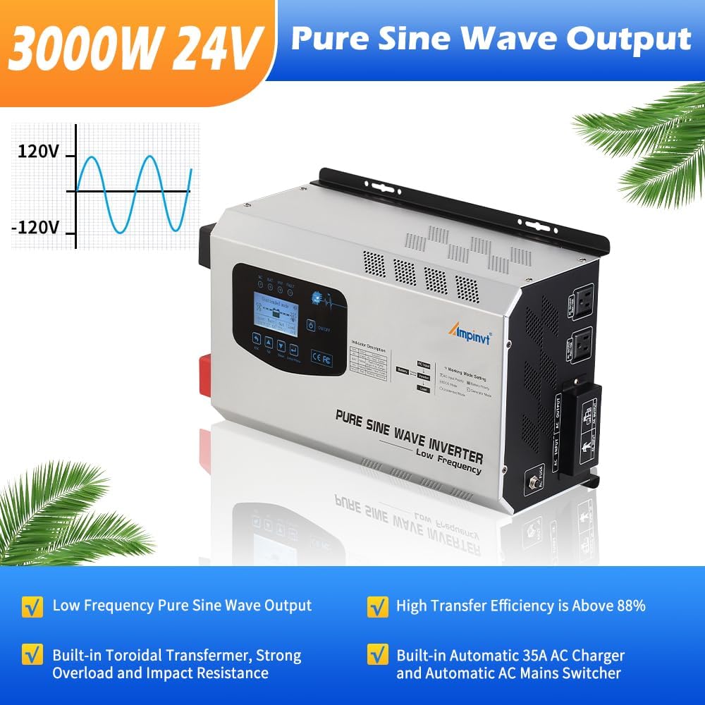 Ampinvt 3000W Pure Sine Wave Power Inverter Surge 9000 watts DC 24V to AC 120V with Battery AC Charger LCD Display,Low Frequency Inverter Support Lithium Battery