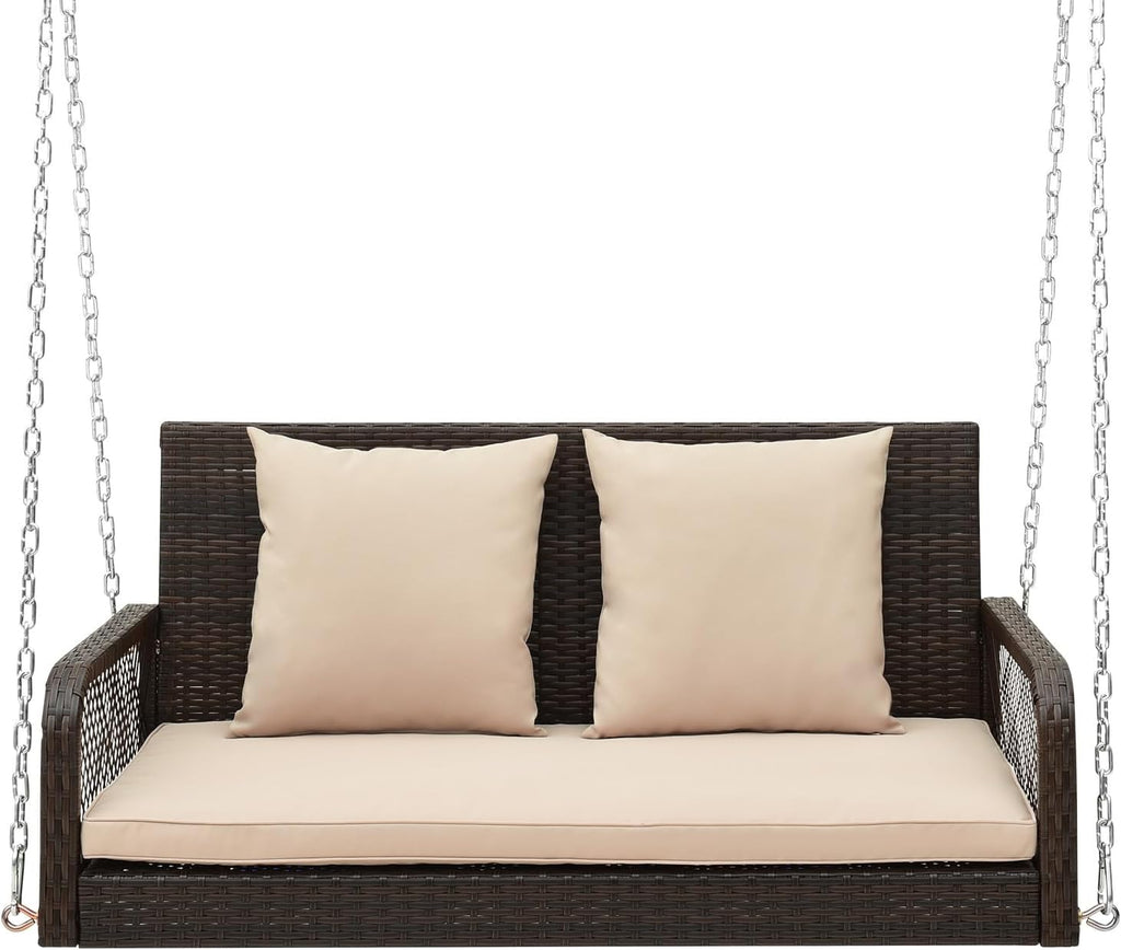HAPPYGRILL Porch Swing Outdoor 2-Person Hanging Bench Chair with Seat & Back Cushions, Heavy-Duty Metal Structure & 2 Hanging Chains, Wicker Rattan Woven Loveseat Swing for Front Porch Backyard