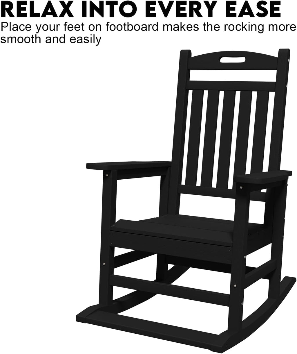PLUUV Outdoor Rocking Chair, HDPE Patio Rocking Chairs with Footboard, All Weather Porch Rockers Outdoor for Adult, Effortless Installation, Black