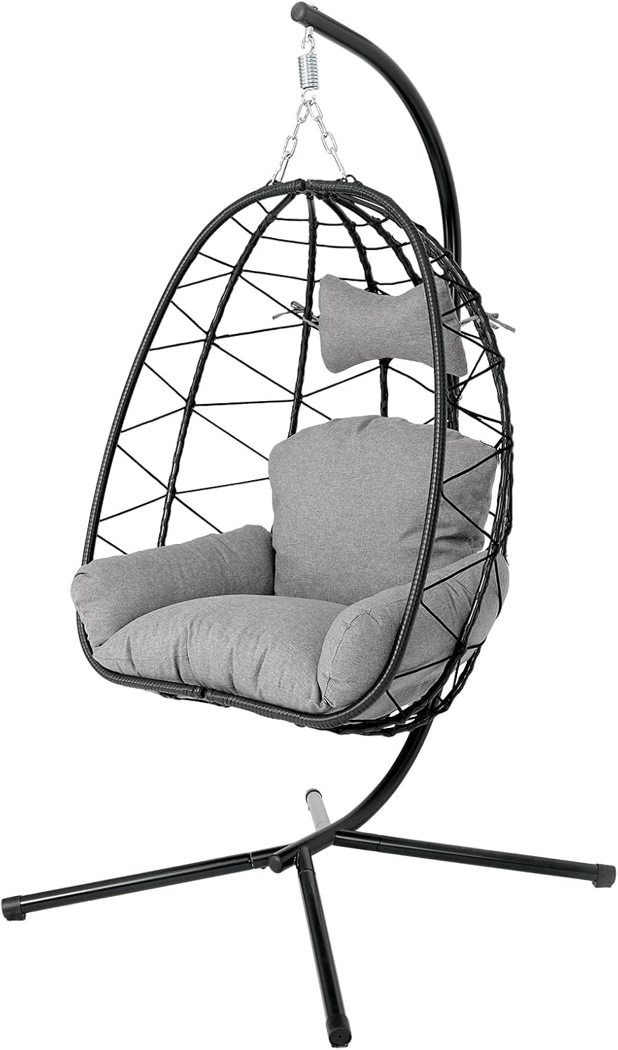 Egg Chair with Stand, Wicker Hanging Chair for Outdoor Patio, Cushioned Hammock Swing for Bedroom Garden Indoor/Outdoor, Double-Zipper Structure Hanging Egg Chair (Black and Dark Gray)