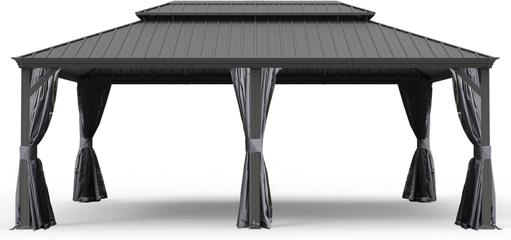 GOWE 14' X 20' Hardtop Gazebo, Upgraded Metal Gazebo with Drainage System, Dual-Layer Galvanized Steel Roof, Curtain and Netting, Outdoor Shelter Canopy for Patio, Garden, and Backyard, Grey