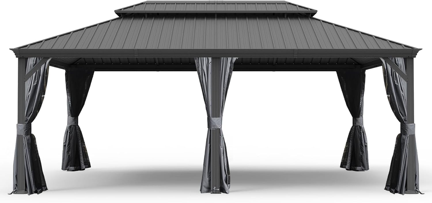 GOWE 14' X 20' Hardtop Gazebo, Upgraded Metal Gazebo with Drainage System, Dual-Layer Galvanized Steel Roof, Curtain and Netting, Outdoor Shelter Canopy for Patio, Garden, and Backyard, Grey