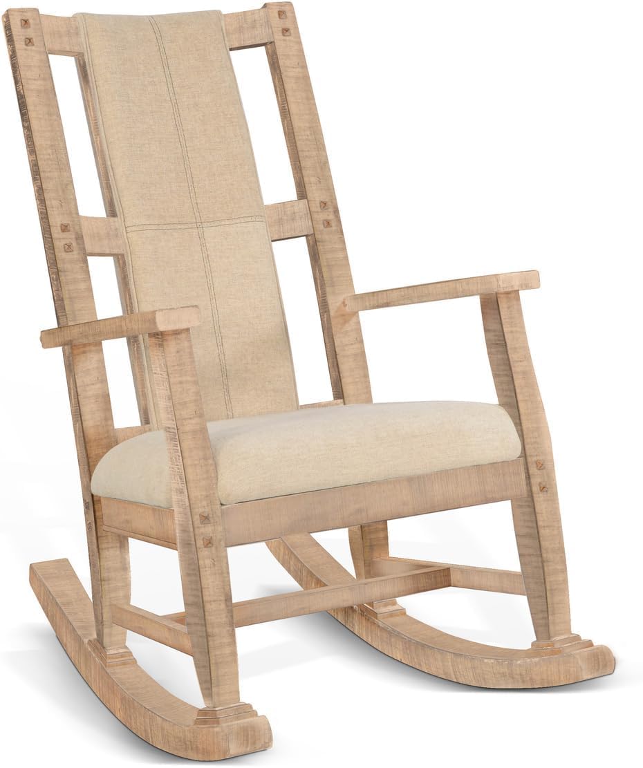 Pemberly Row Mahogany Rocking Chair with Cushioned Seat and Back, Studded Accents, Smooth Rocking Motion, Beige