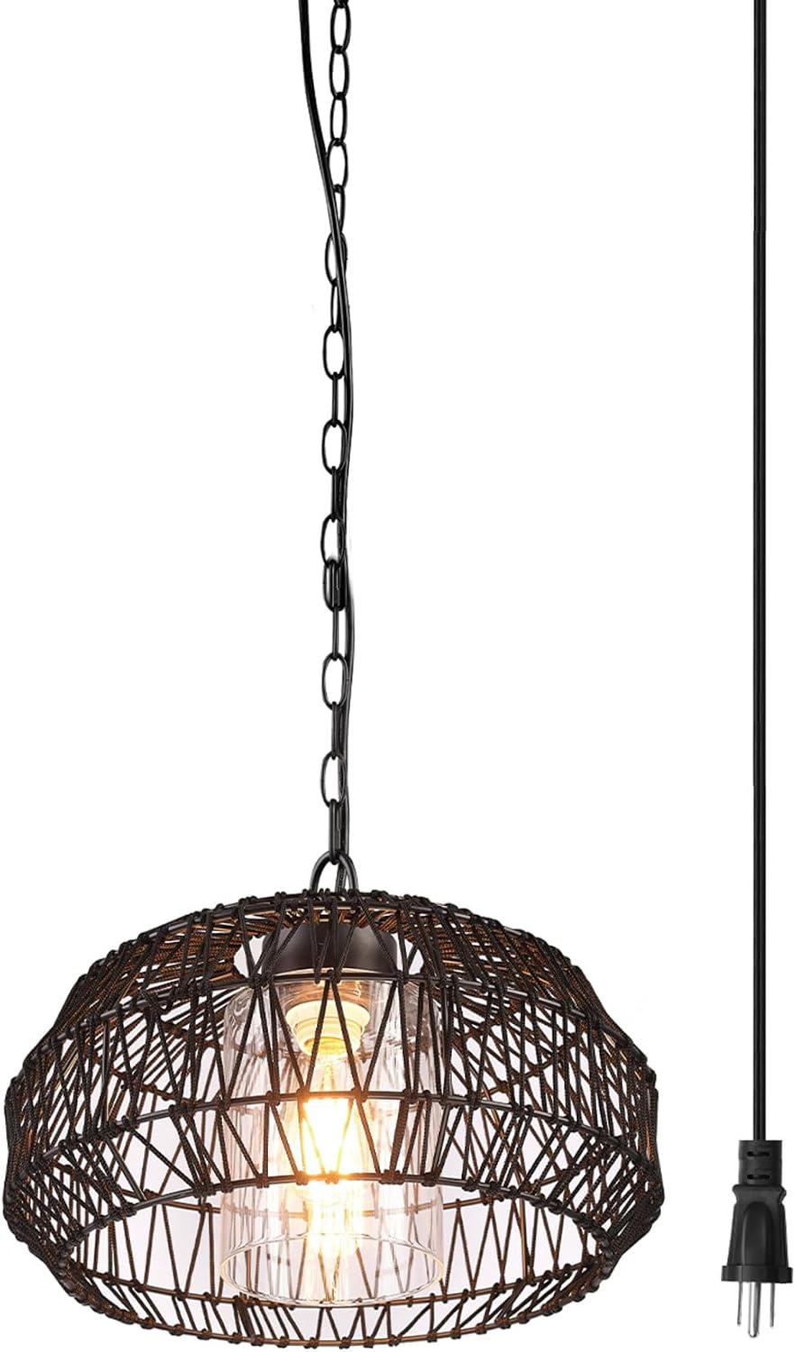 Globe Electric 44759 1-Light Outdoor/Indoor Plug-in Pendant Light, Black Woven Fabric Shade, Matte Black Finish, 20-Foot Designer Cord, Weather Resistant