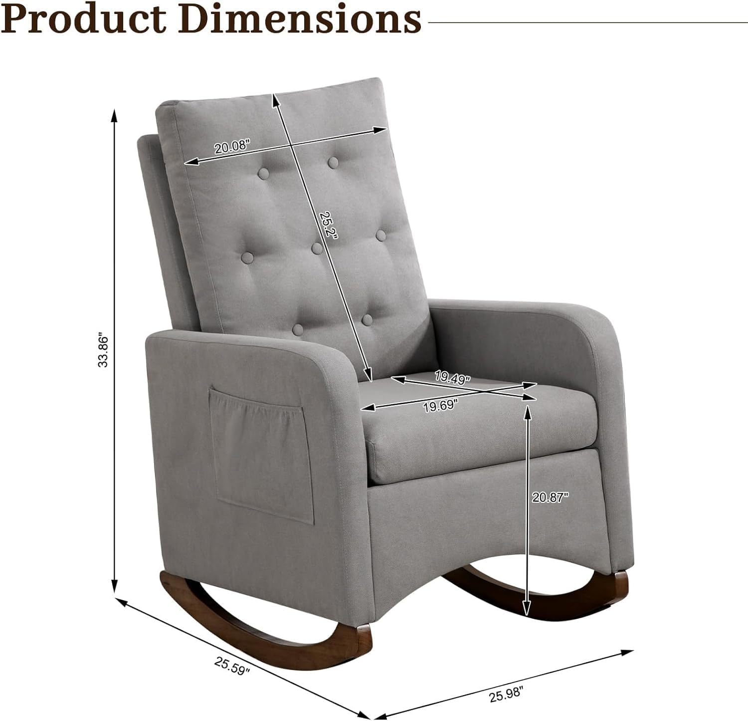 Nursery Rocking Chair, Comfy Upholstered Glider Rocker Armchair with Rubber Wood Legs High Back and Side Pocket for Living Room Bedroom, Light Gray