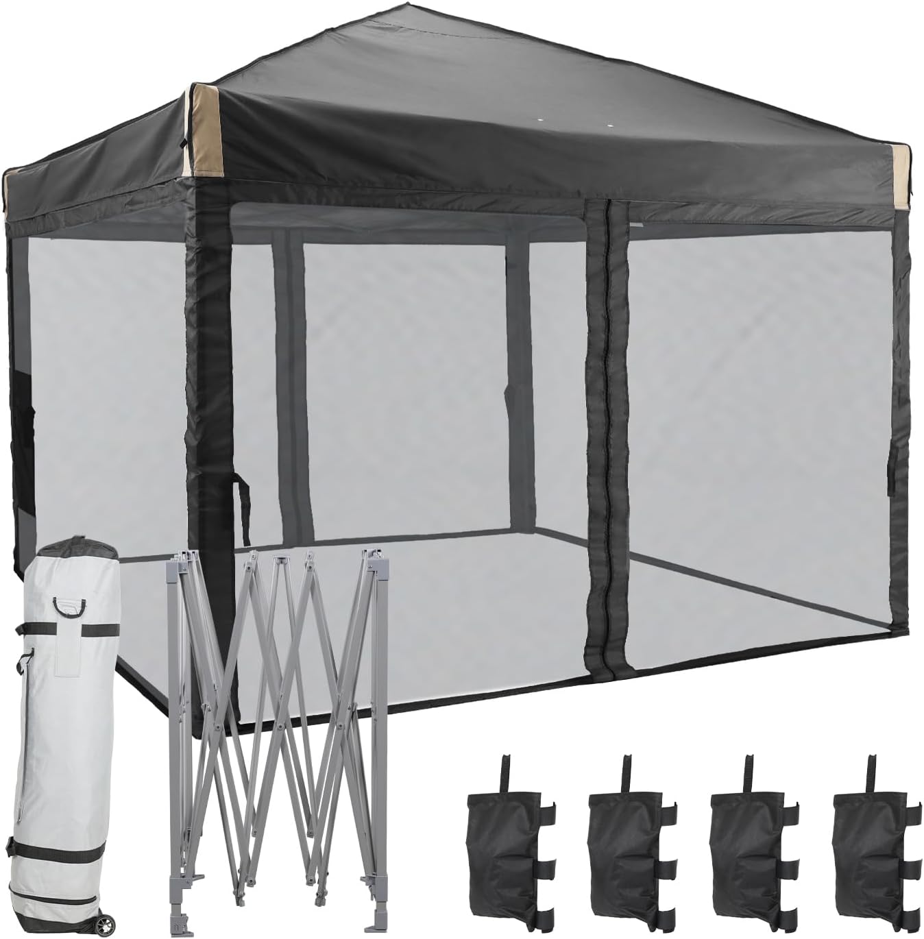Aoodor 10x10 Ft Pop Up Canopy Tent with Netting, Water-Resistant 210D Oxford Fabric Shade, Easy Assembly Commercial Gazebo with Wheeled Carry Bag & 4 Sand Bags for Camping, Party, Black