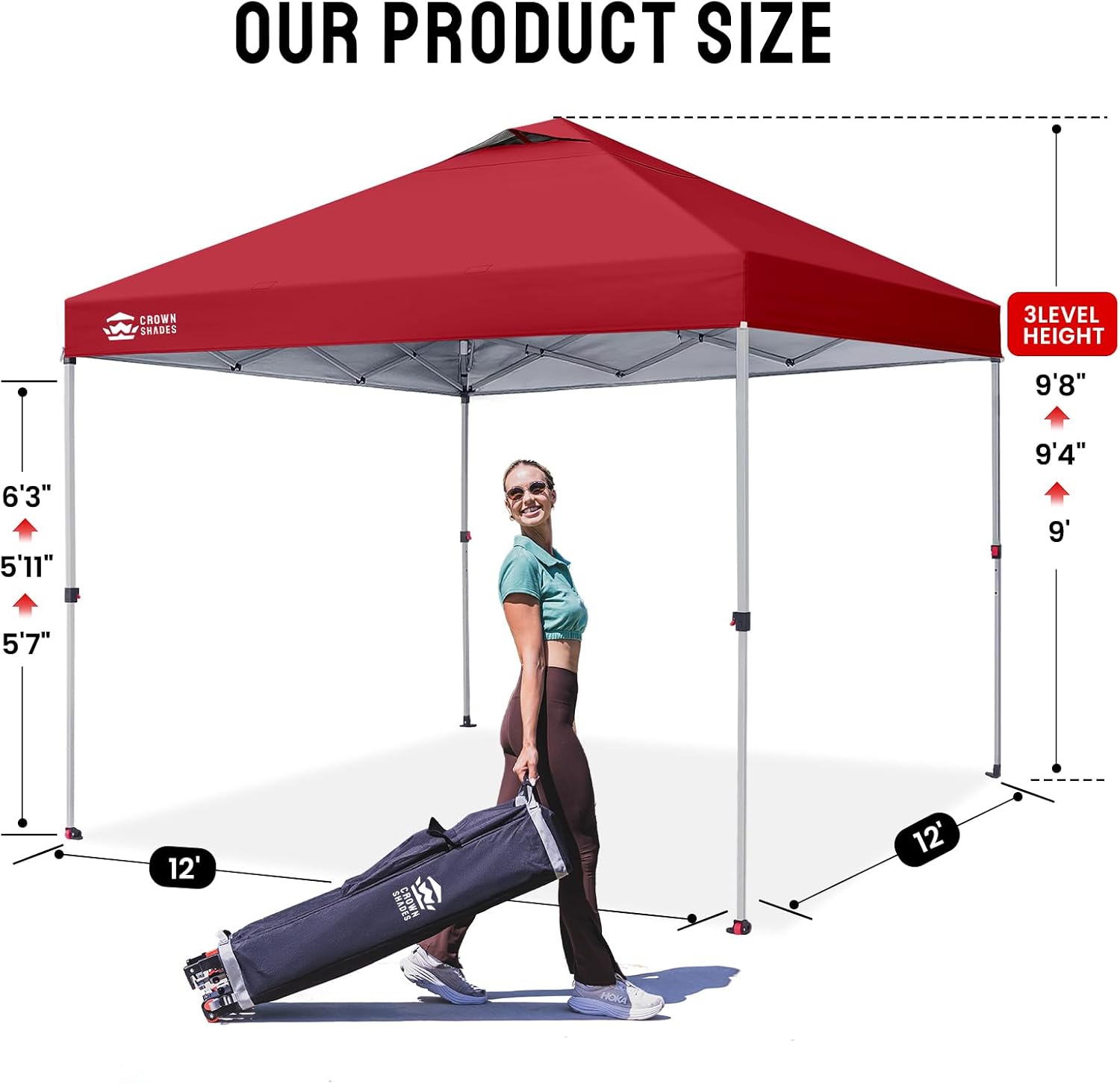 CROWN SHADES 12x12 Pop Up Canopy Outside Canopy, Patented One Push Tent Canopy with Wheeled Carry Bag, Bonus 8 Stakes and 4 Ropes, Red