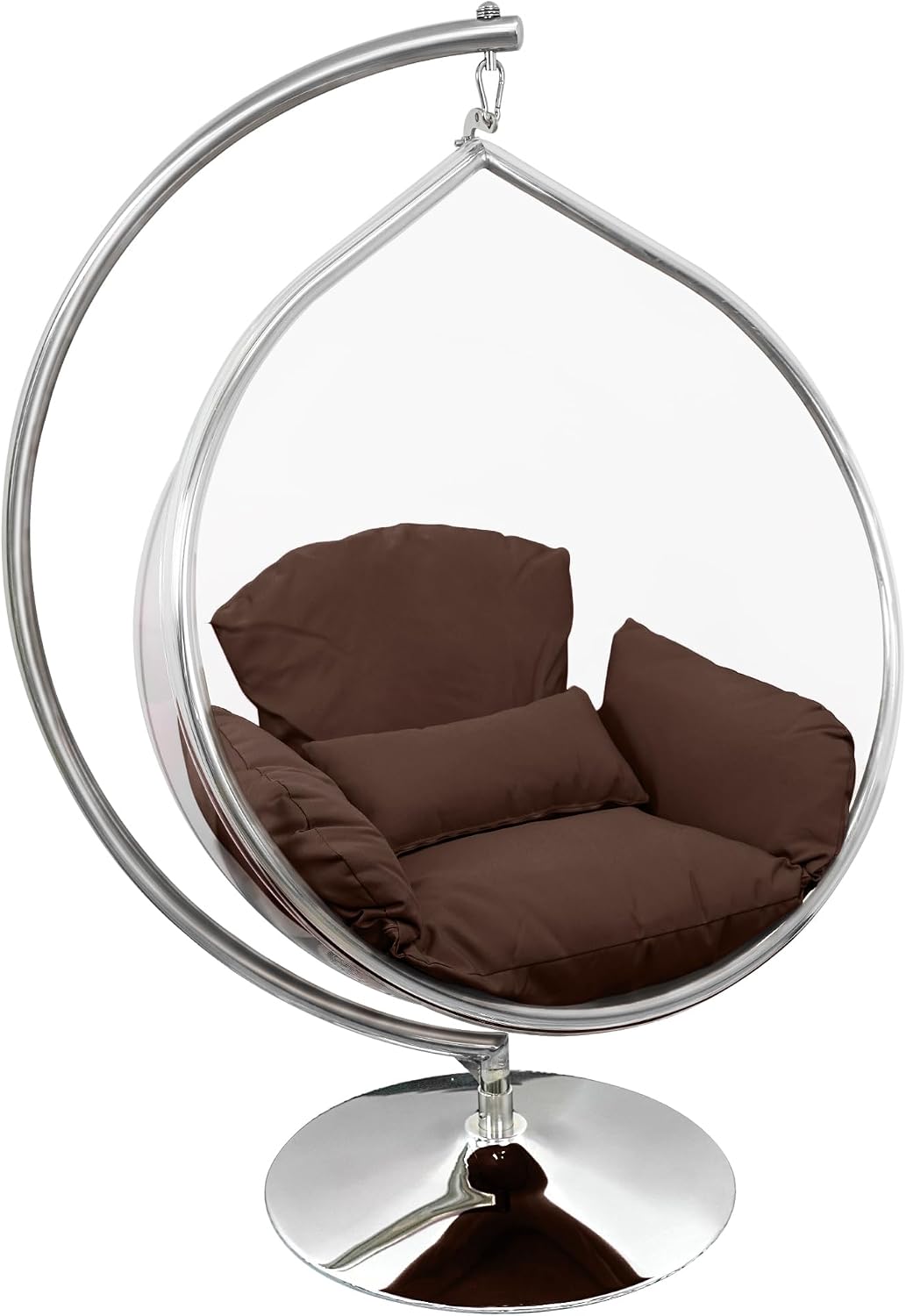 Hanging Chair - Transparent Acrylic Bubble, Waterdrop Shape, Indoor Swing Chair with Gold/Chrome Stand, Durable Fabric Cushion - Luxury Accent for Living Room, Bedroom (Chrome/DarkCoffee)
