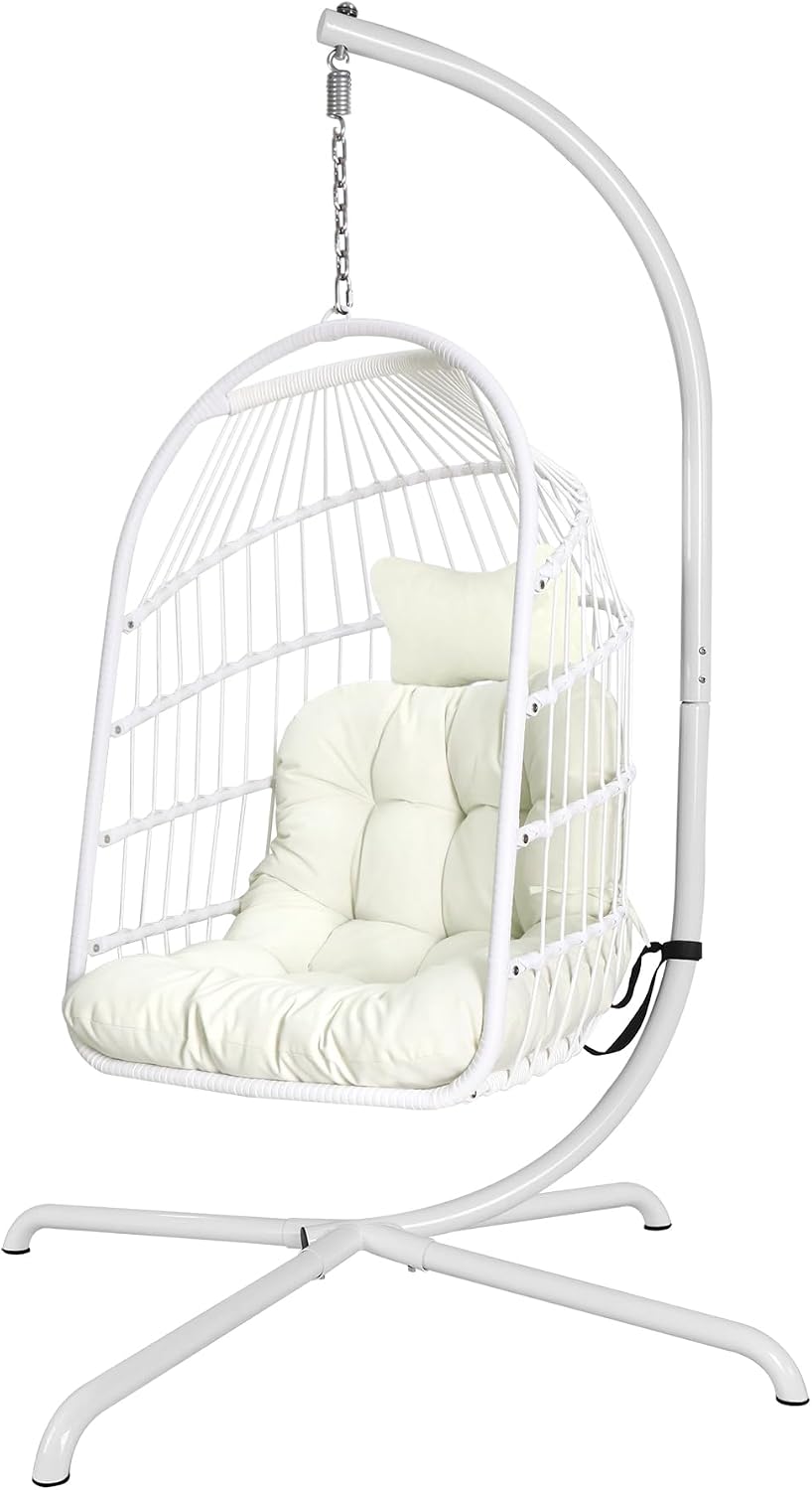 Chihee Egg Chair with Ultra Strong Stand and Cushion Foldable Wicker Rattan Hanging Chair Indoor Outdoor Patio Lounging Chair 330 lbs Capacity Balcony Porch Bedroom Garden