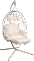 Hanging Egg Chair with Stand & Leg Rest,Rattan Wicker Swing Chair with Cushion,Patio Basket Hanging Chair Wicker Hammock Chair for Indoor Outdoor Bedroom Garden,300LBS (White Rattan&White Cushion)
