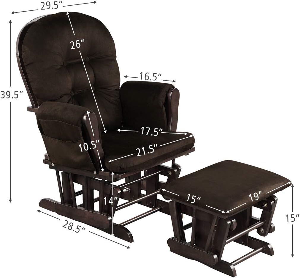 Costzon Nursery Glider with Ottoman, Upholstered Comfort Glider Rocker with Padded Cushion, Storage Pocket, Solid Wood Base, Rocking Chair Nursery for Breastfeeding, Napping (Brown)