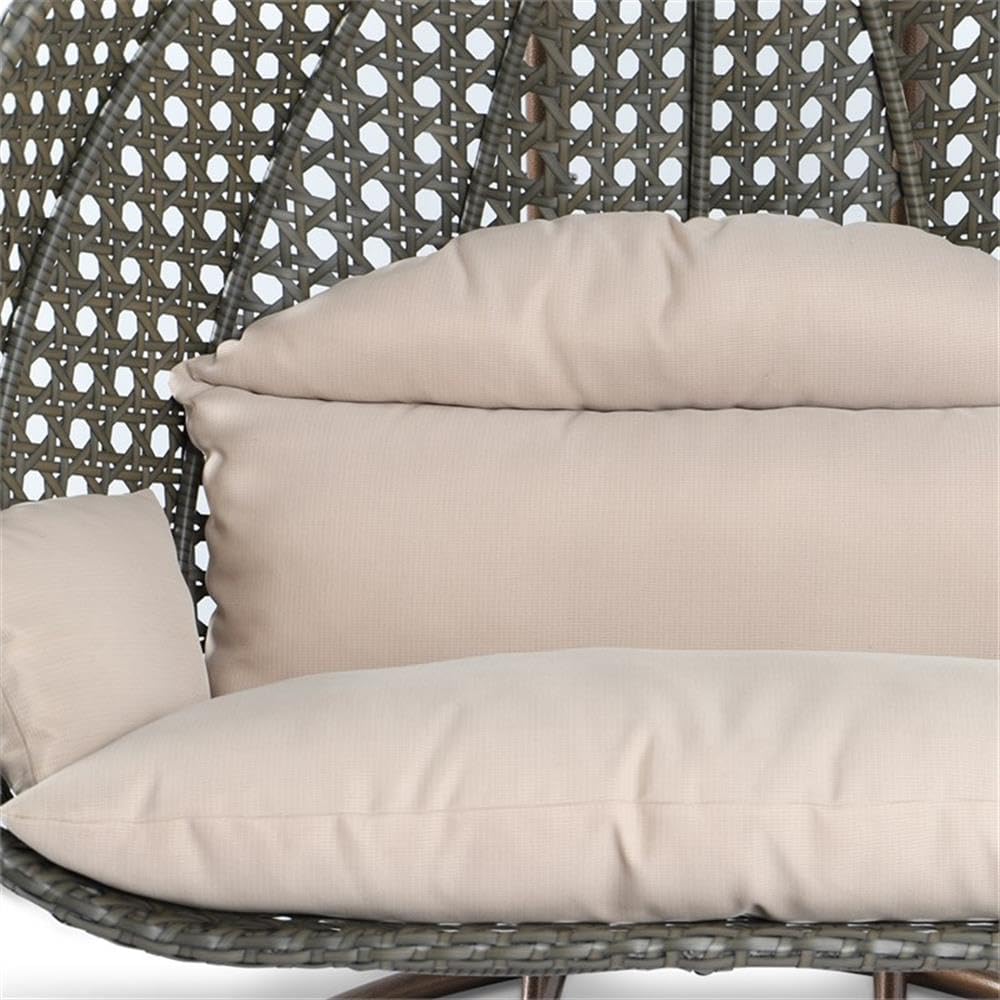 LeisureMod 2 Person Wicker Egg Chair Outdoor Indoor Bedroom Patio Hanging Lounge Swing Hammock Chairs with Beige Stand and UV Resistant Cushions (Beige)
