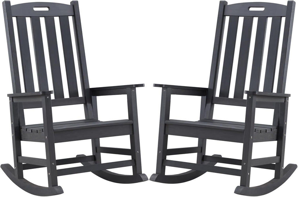 Psilvam Oversized Outdoor Rocking Chair Set of 2, HDPE Porch Rocker Chairs for Adults, All Weather Resistant Rocking Chairs for Patio Lawn Garden, 350lbs Weight Capacity (Black)