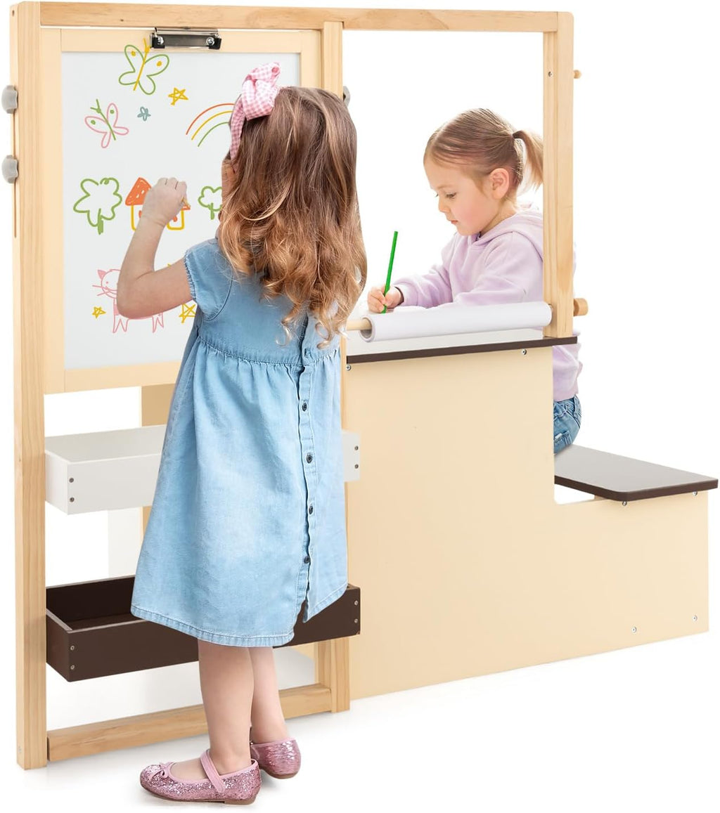 Costzon Easel for Kids, Wooden Art Center with Double-Sided Blackboard & Whiteboard, Paper Roll for Drawing, Crafts, Writing, Toddler Activity Table with Storage, Kids Table and Chair Set (Brown)
