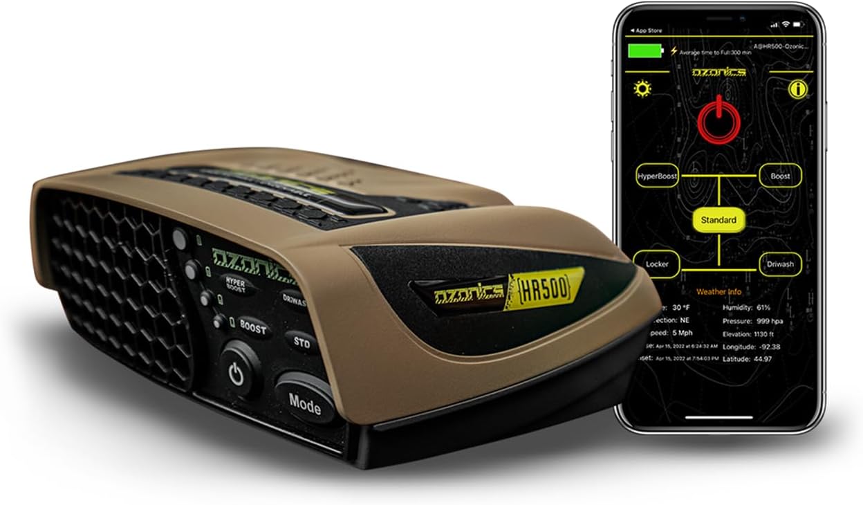 Ozonics HR500 Scent Eliminator with New Hyperboost Mode | Ozone Generator for Hunting with 4 Modes of Operation, Odor Eliminator with Bluetooth Connectivity - XL Battery & Smart Arm Mount Included